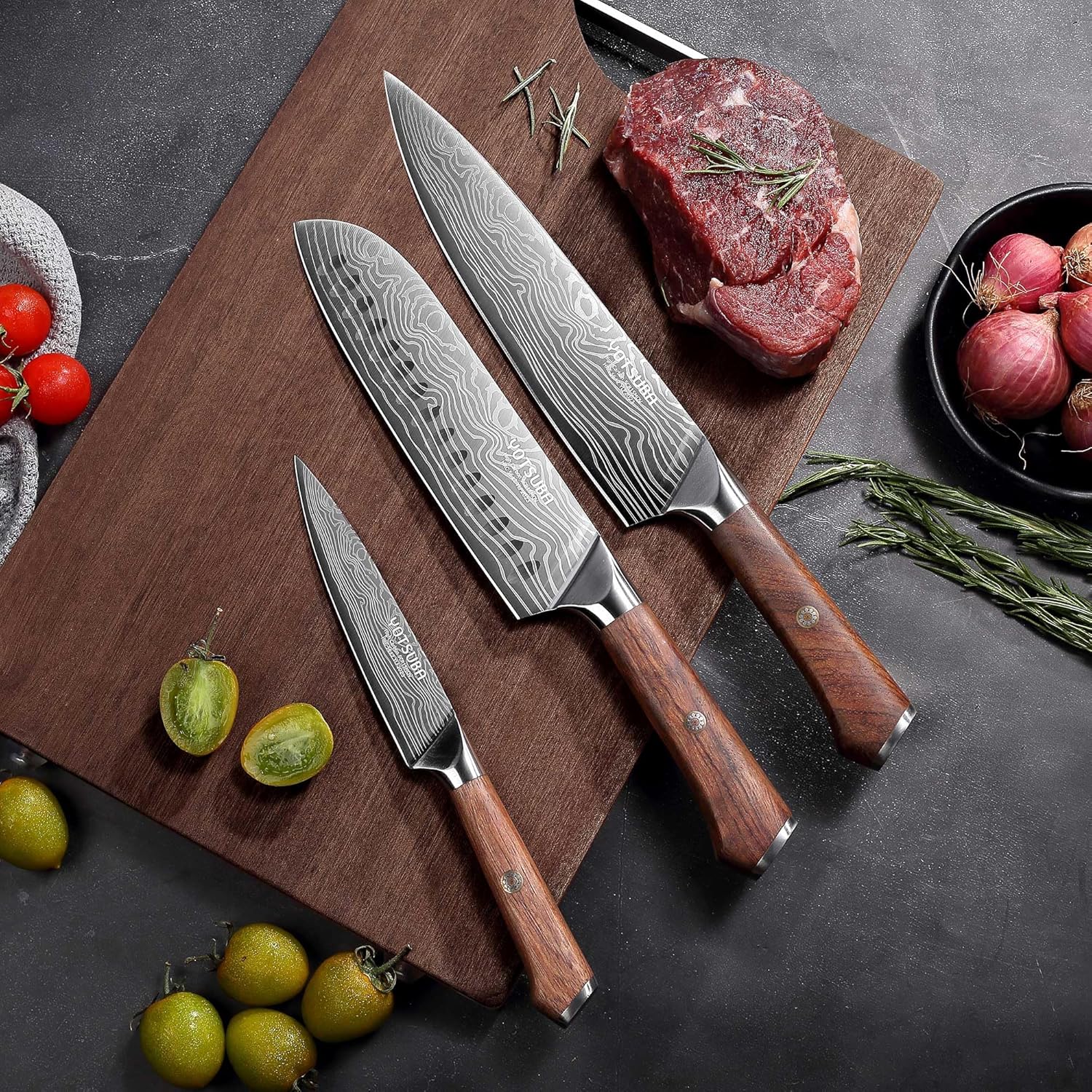 YOTSUBA Kitchen Knives Set, 3 Piece Chef Knife Set, Sharp High Carbon Stainless Steel Forged Blade Professional Kitchen Knife Set with Ergonomic Handle, Chef Knives Set for kitchen with Gift Box