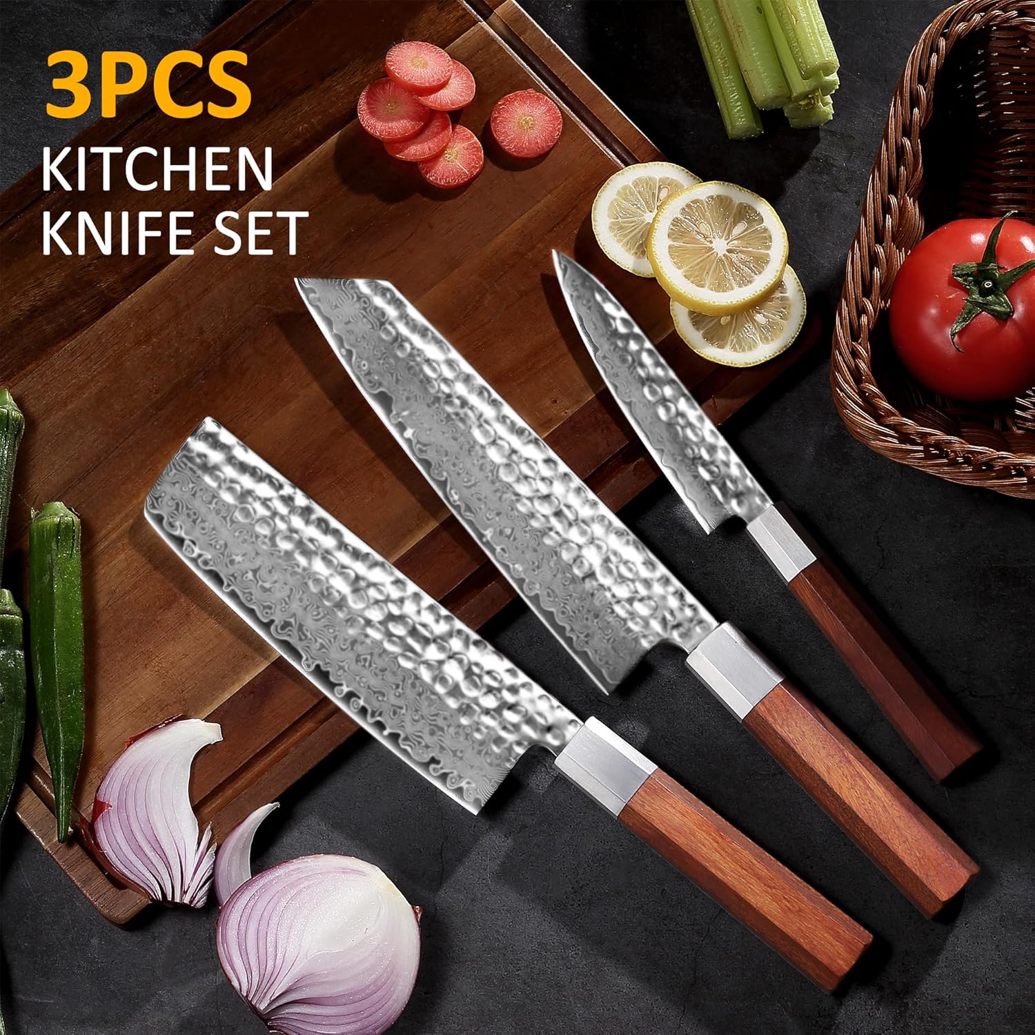 YOTSUBA 3PCS Japanese Chef Knives Set,Damascus Kitchen Knives Set with Hand-forged High Carbon Steel Blade,Ultra Sharp Cooking Knife Set with Ergonomic Wood Handle for Chopping Vegetable and Cooking
