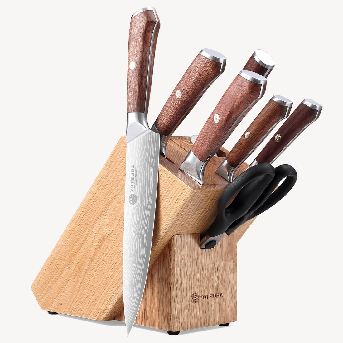 Yotsuba kitchen knife set with damascus-style blades