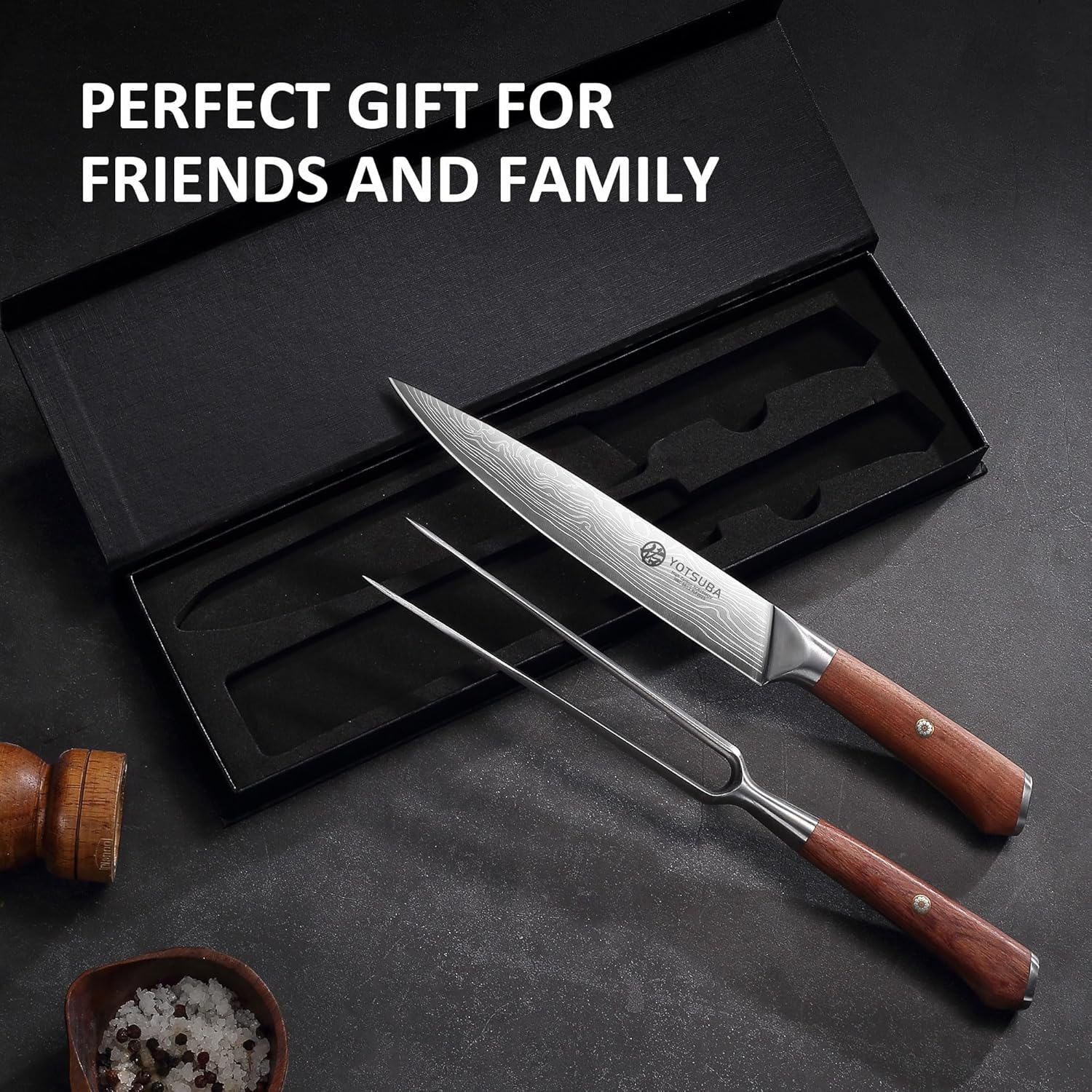YOTSUBA Carving Knife and Fork Set, Meat Cutting Knife, Razor-Sharp German Stainless Steel Knives Fork Set with Ergonomic Wood Handle, Slicing Knives for Meats, BBQ & Vegetables