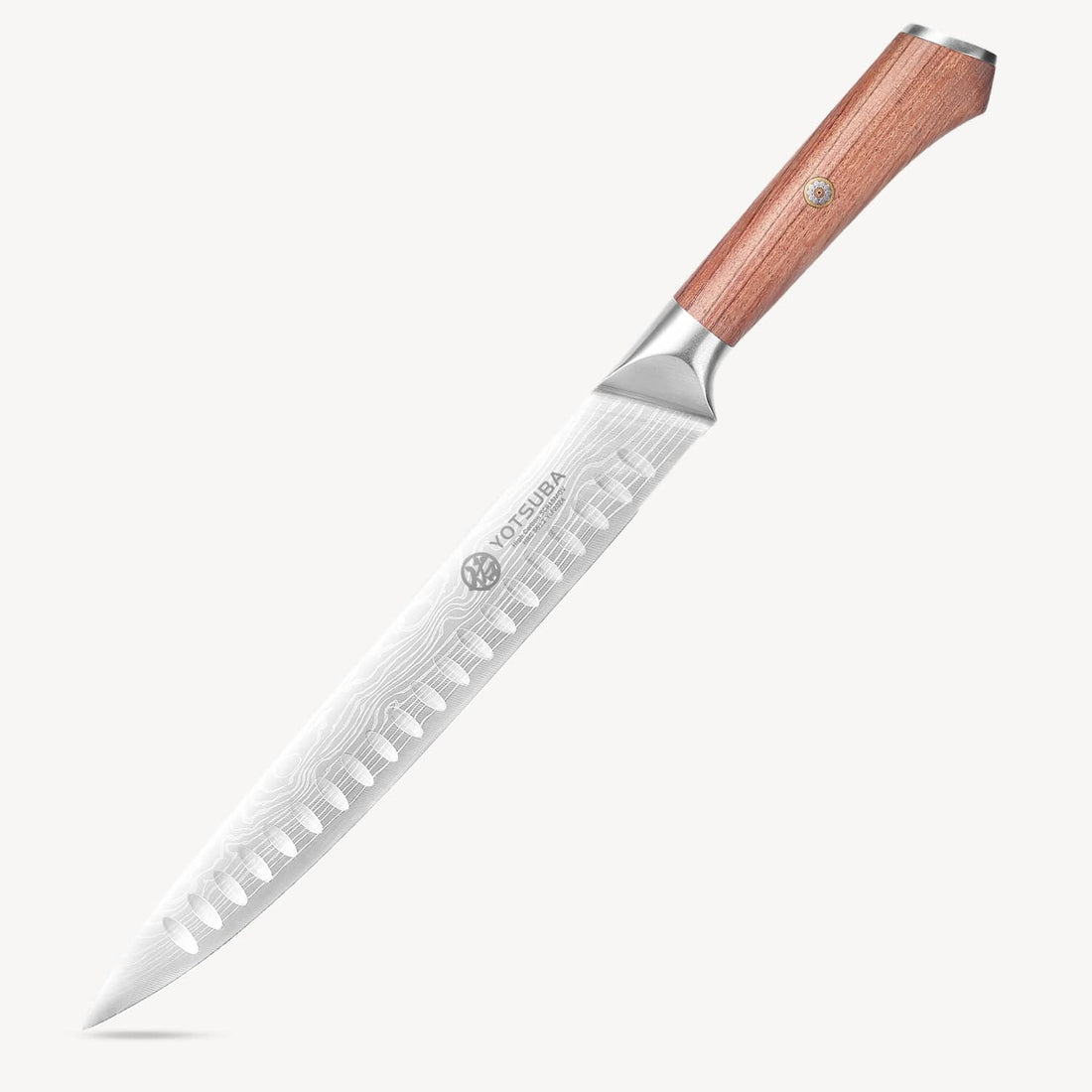 Yotsuba 10 inch Slice knife with sculpted steel blade and wood handle on white background