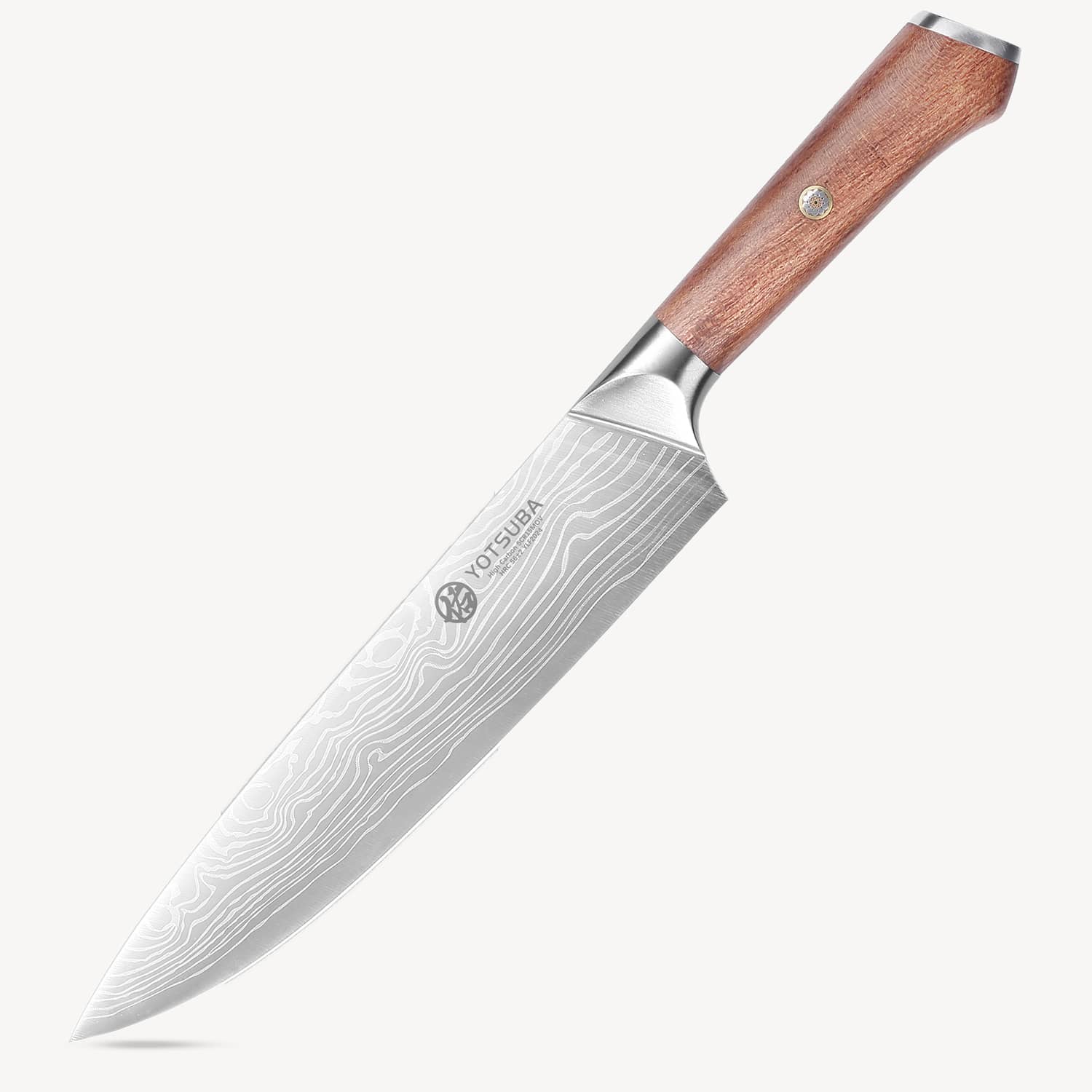 Yotsuba 9 inch chef knife with damascus-style blade pattern and wooden handle