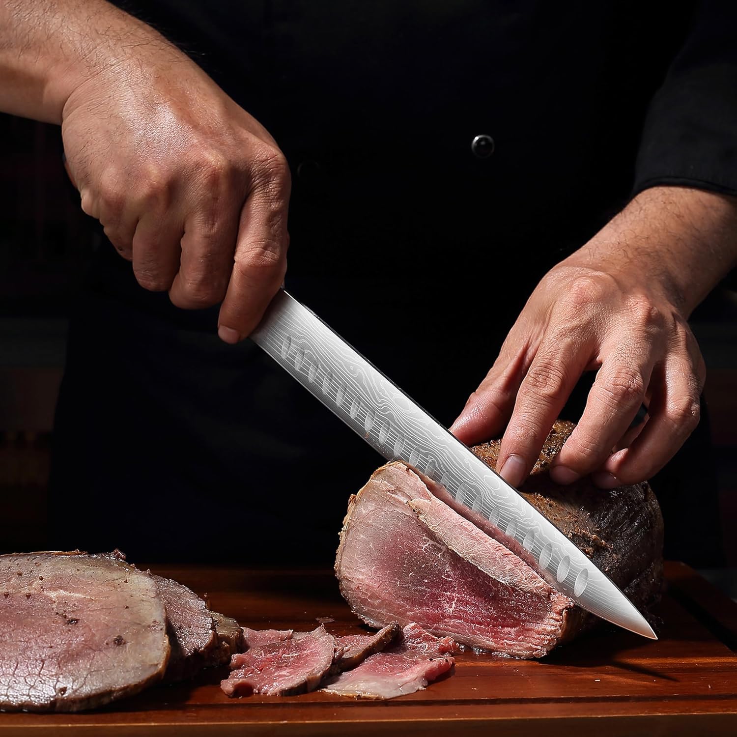 Yotsuba carving knife slicing cooked beef on cutting board