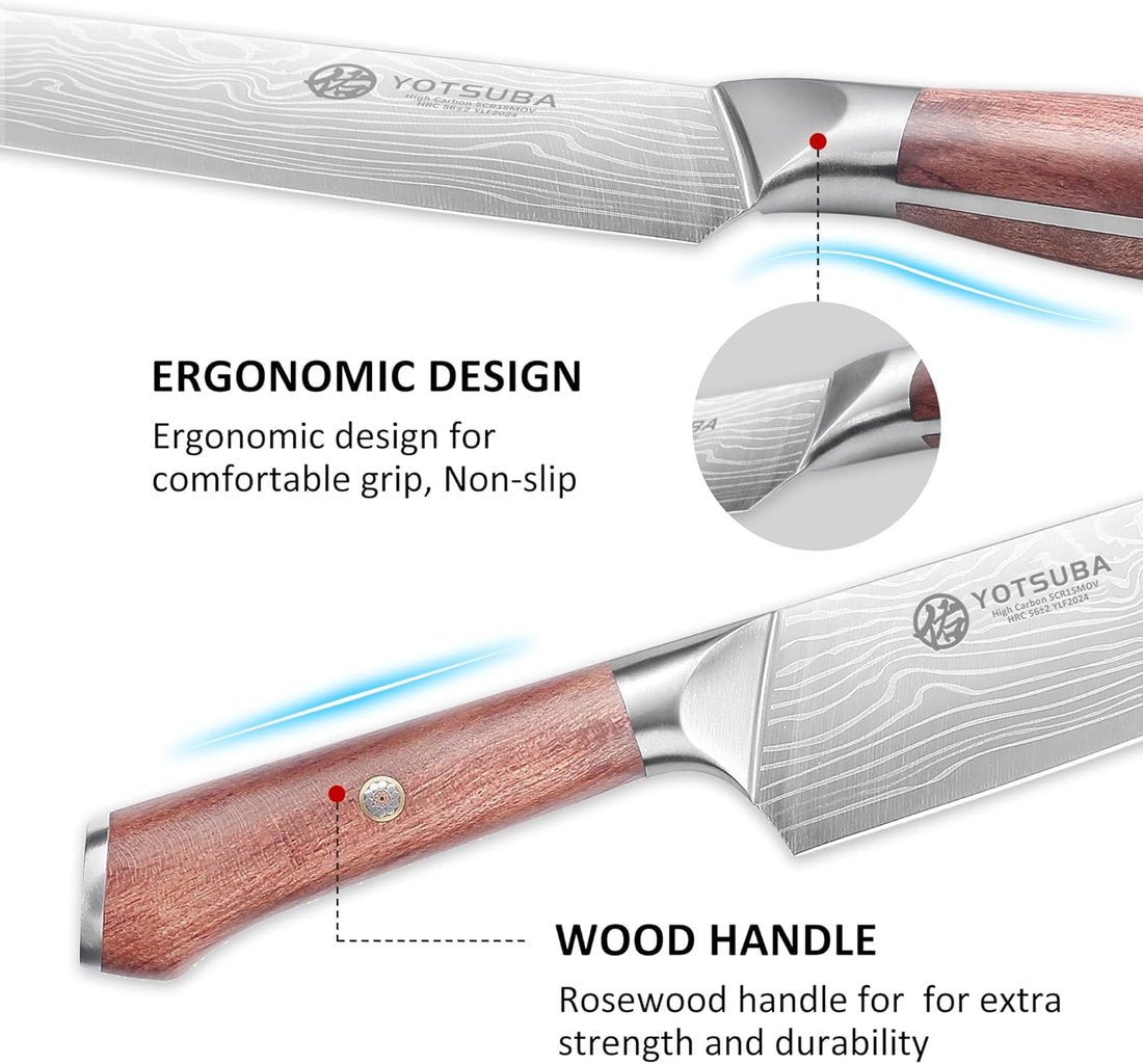 Yotsuba 9 inch chef knife with damascus-style blade pattern and wooden handle