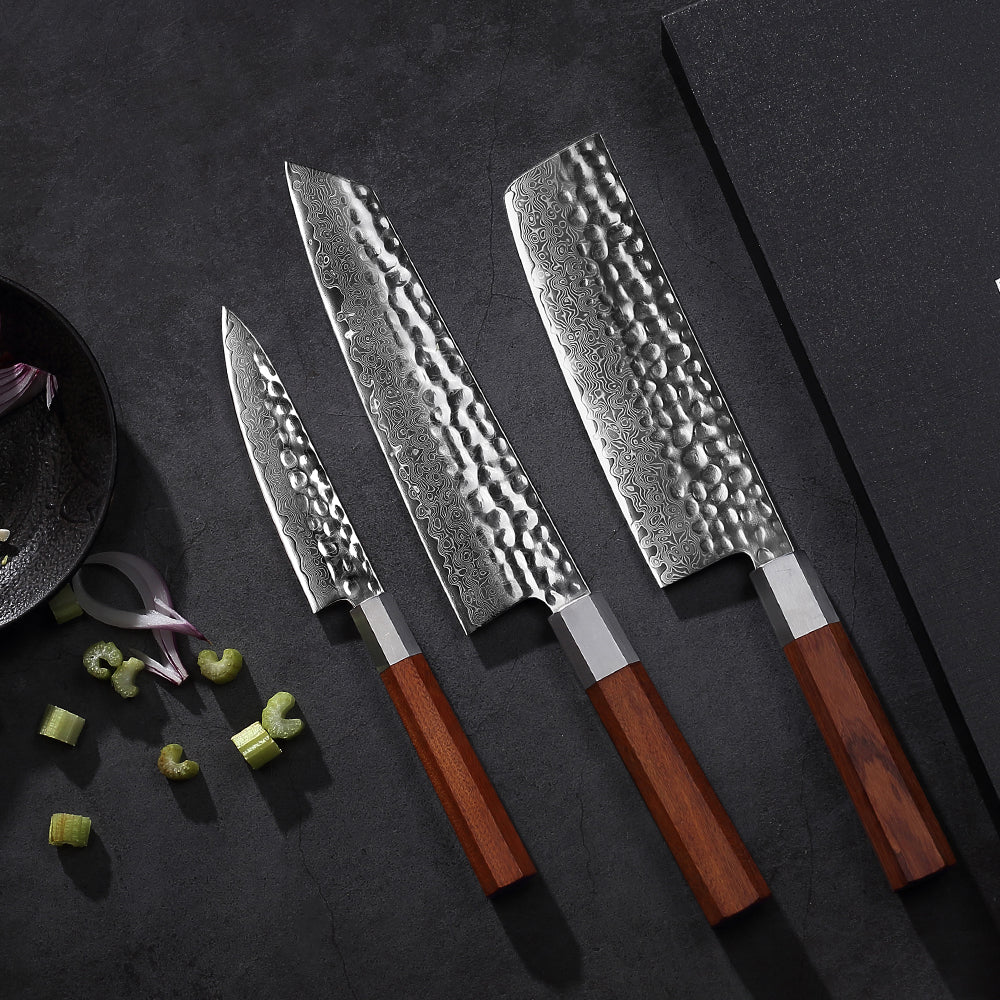 Yotsuba Damascus kitchen knife sets with wooden handles displayed on dark backgroundshop_this_look_amDhCa