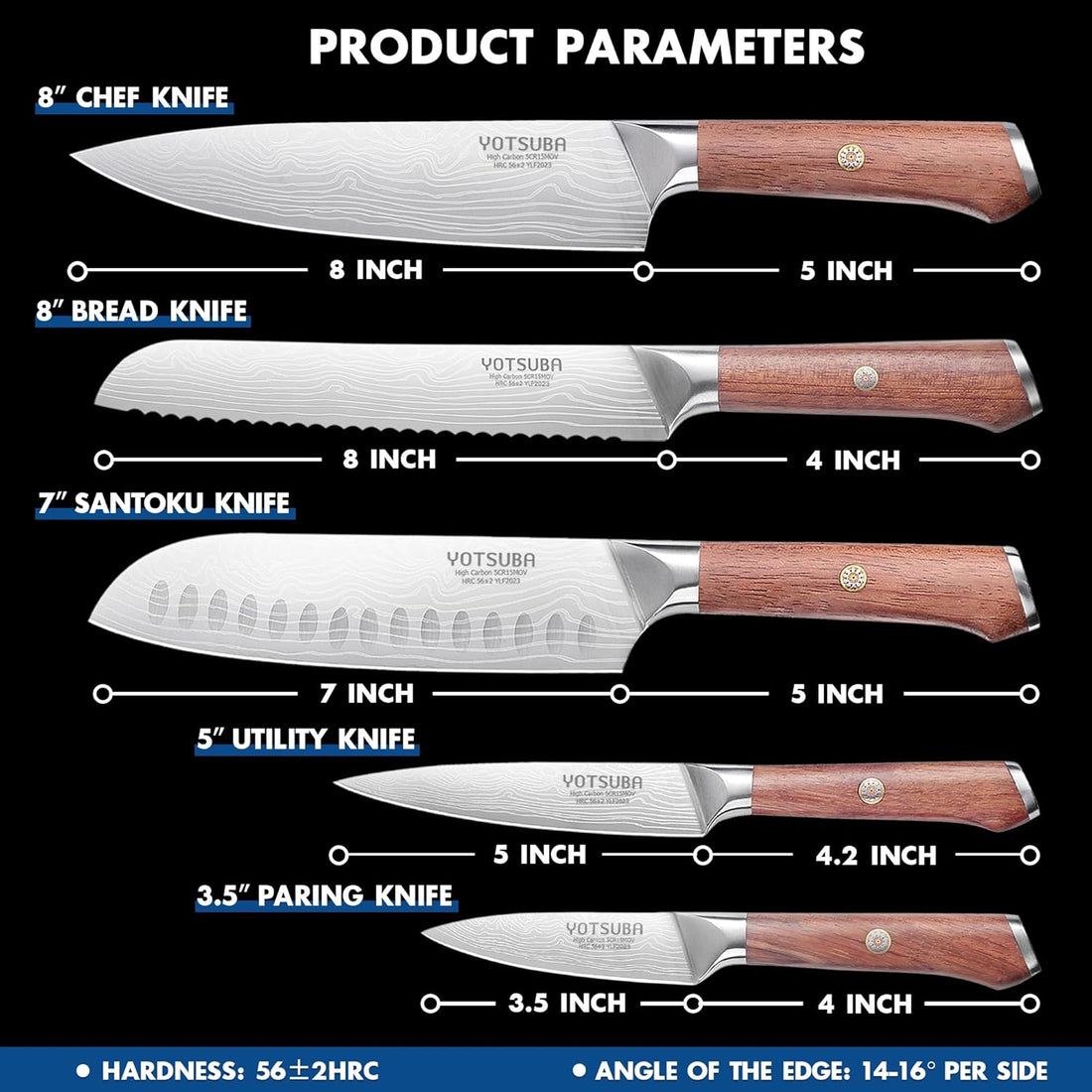 Five-piece Yotsuba kitchen knife set with damascus-style blades