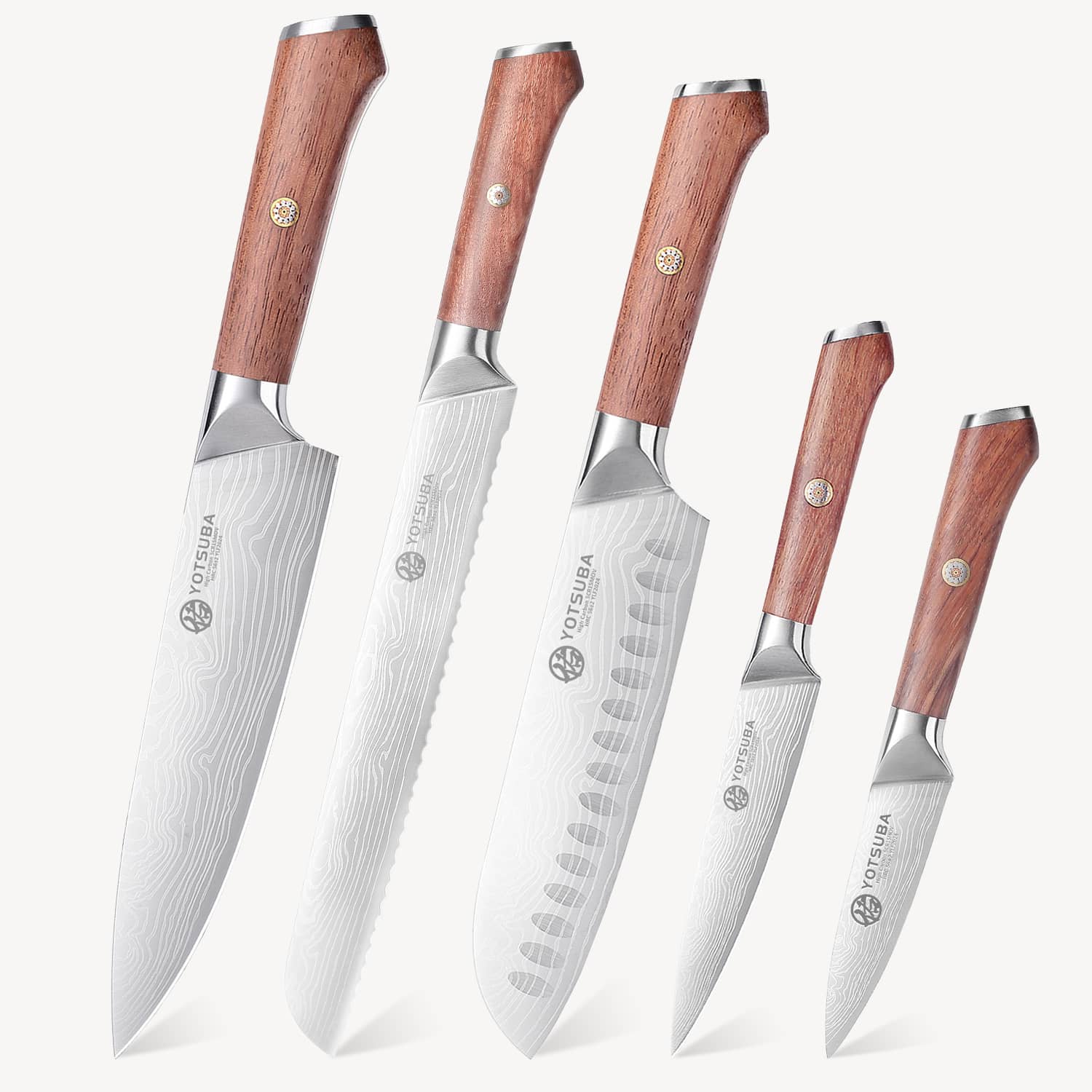 Five-piece Yotsuba kitchen knife set with damascus-style blades