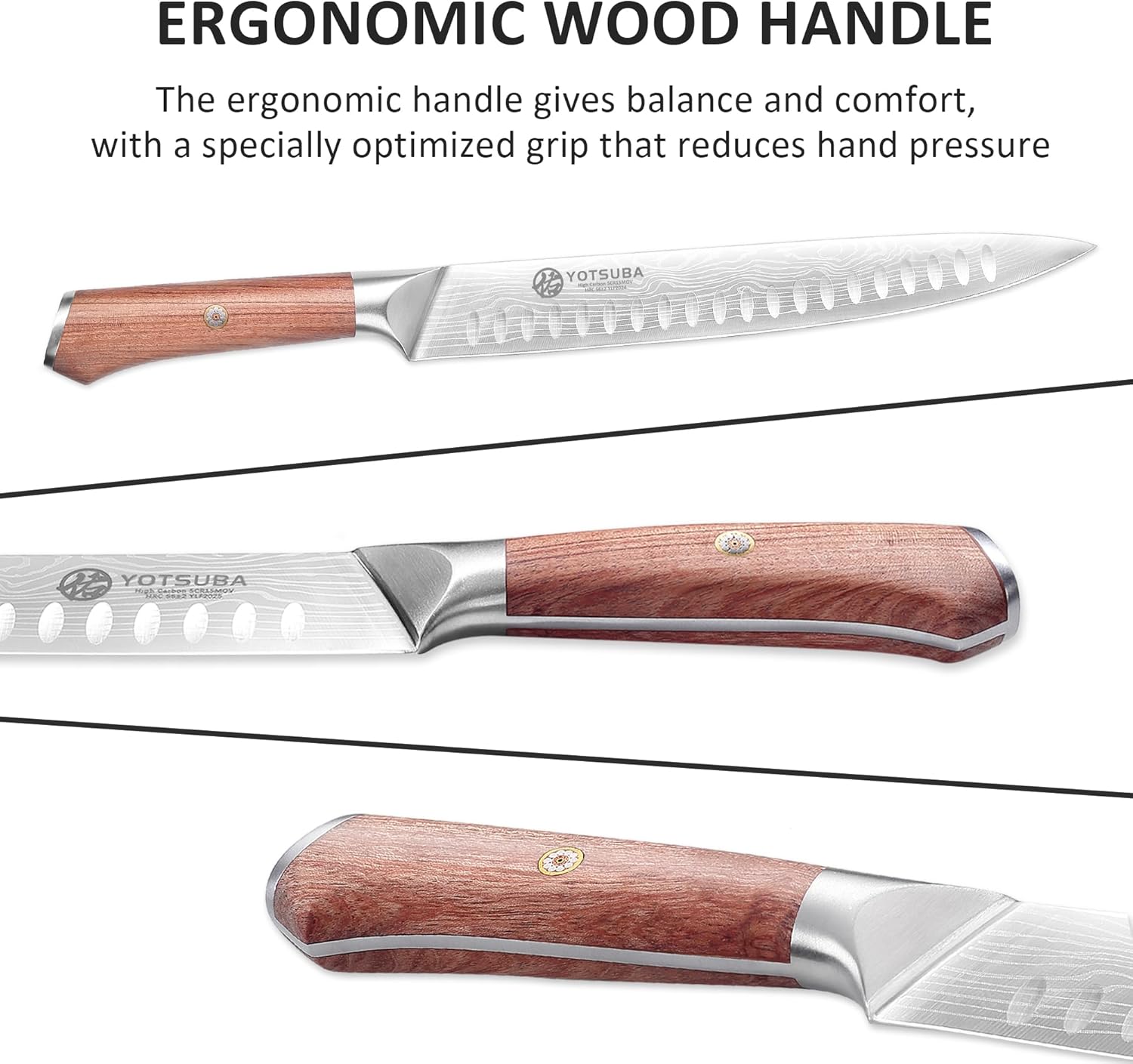Close-up of Yotsuba knife ergonomic wooden handle design