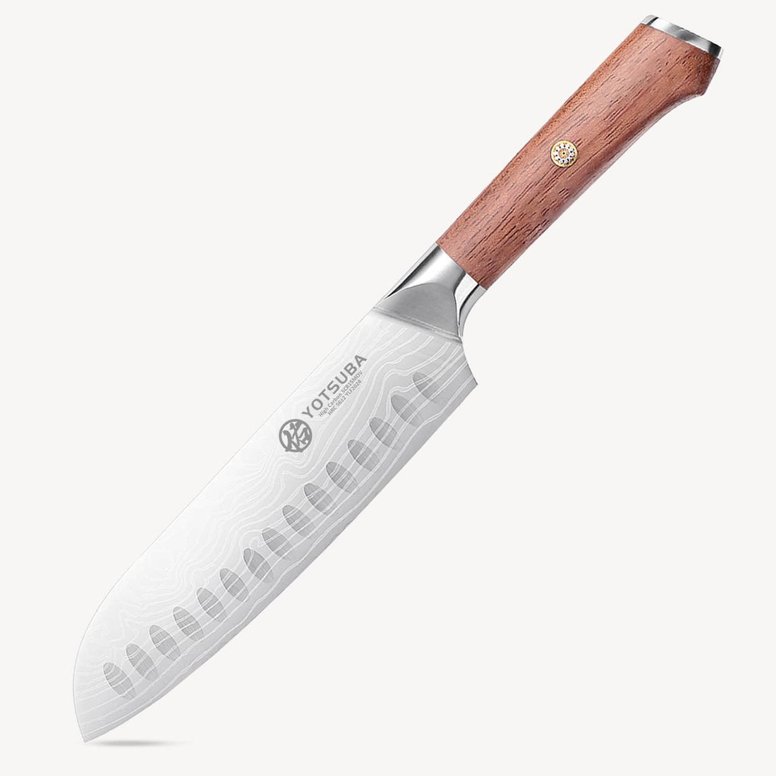 Yotsuba santoku knife with hollow edge blade and walnut wood handle