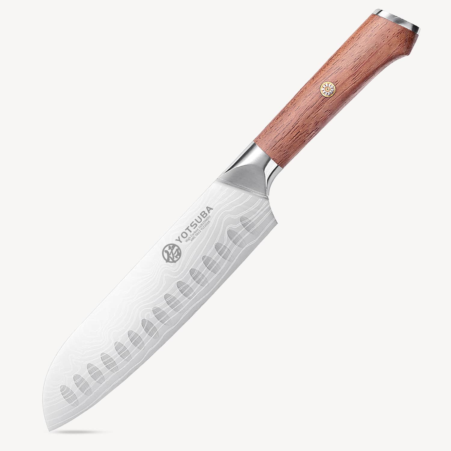 Yotsuba santoku knife with hollow edge blade and walnut wood handle