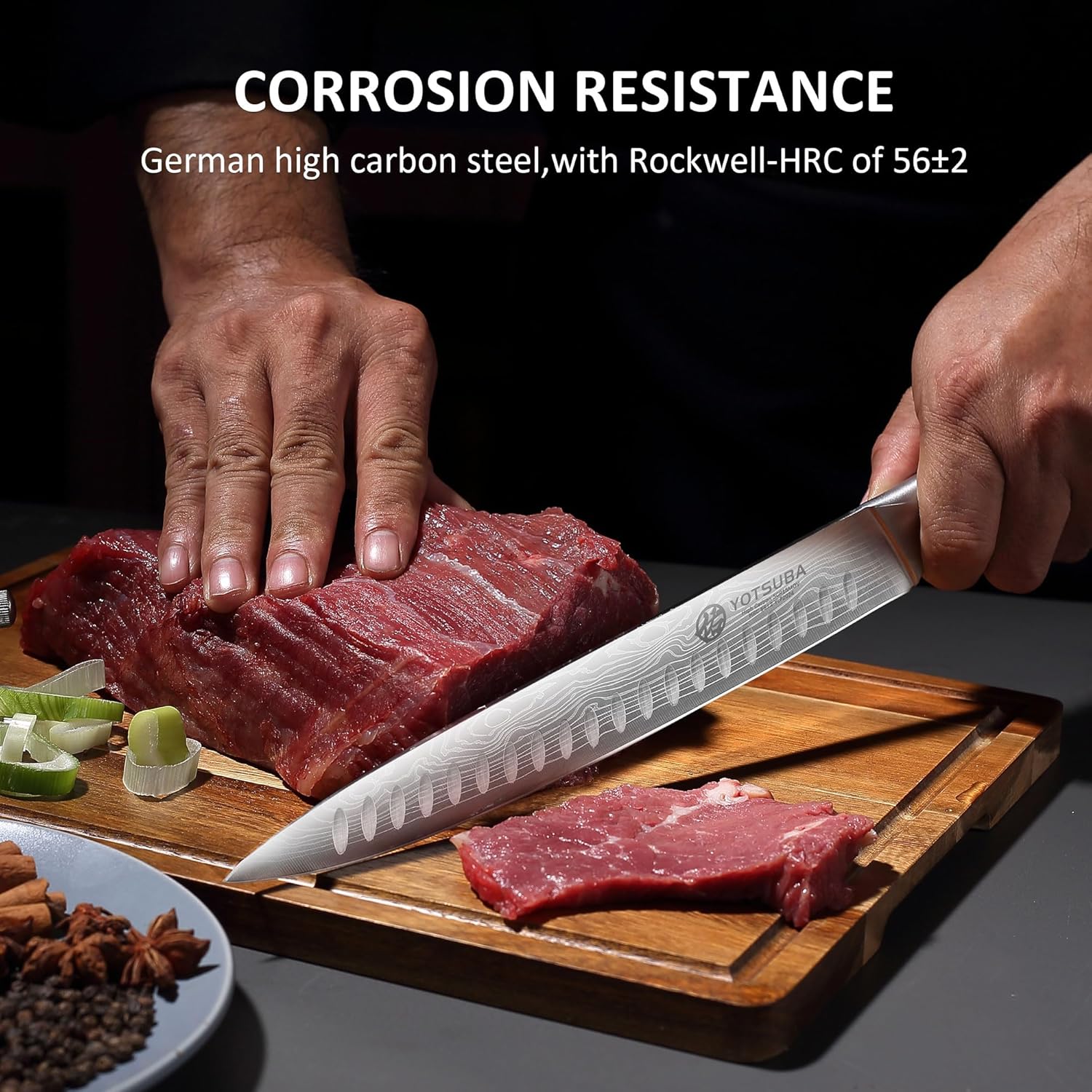 Ultra-sharp Yotsuba carving knife cutting steak